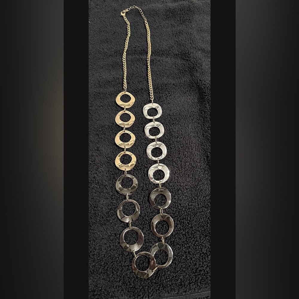 Long Tri-Colored Metal Necklace (Gold, Dark Silver And Silver)
